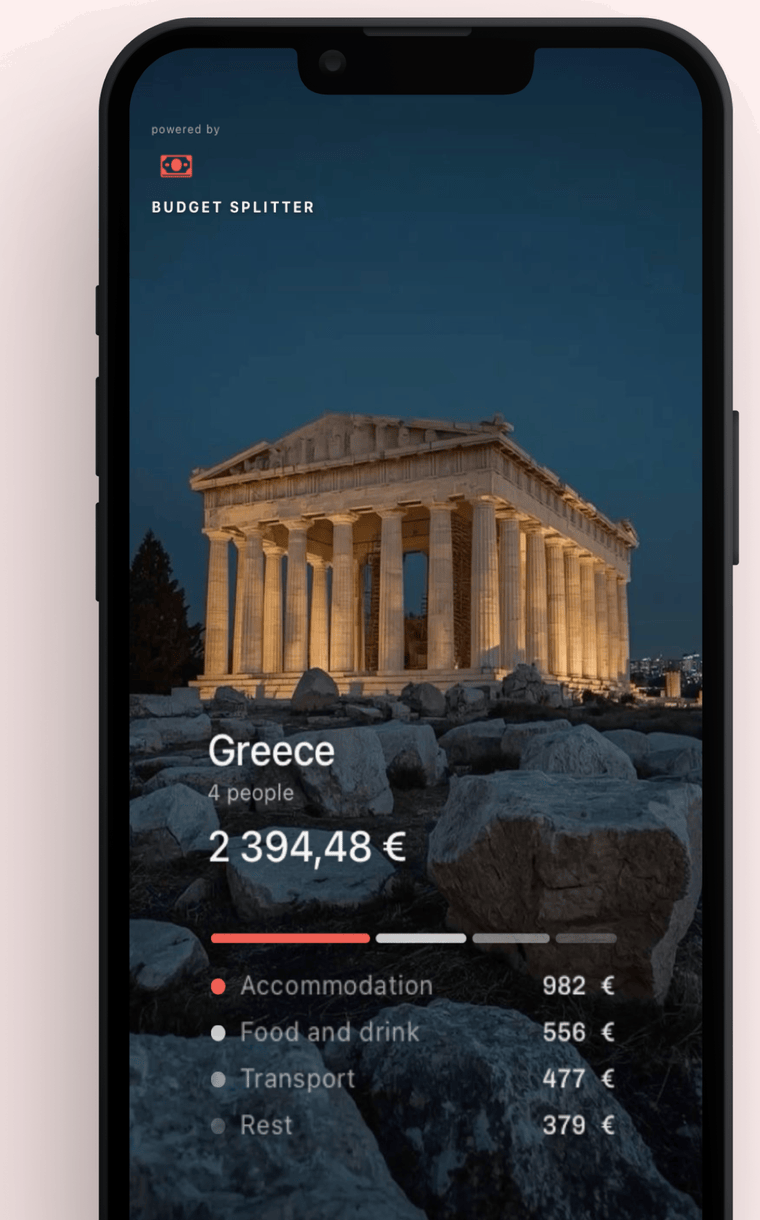 Shareable Greece trip spending recap card